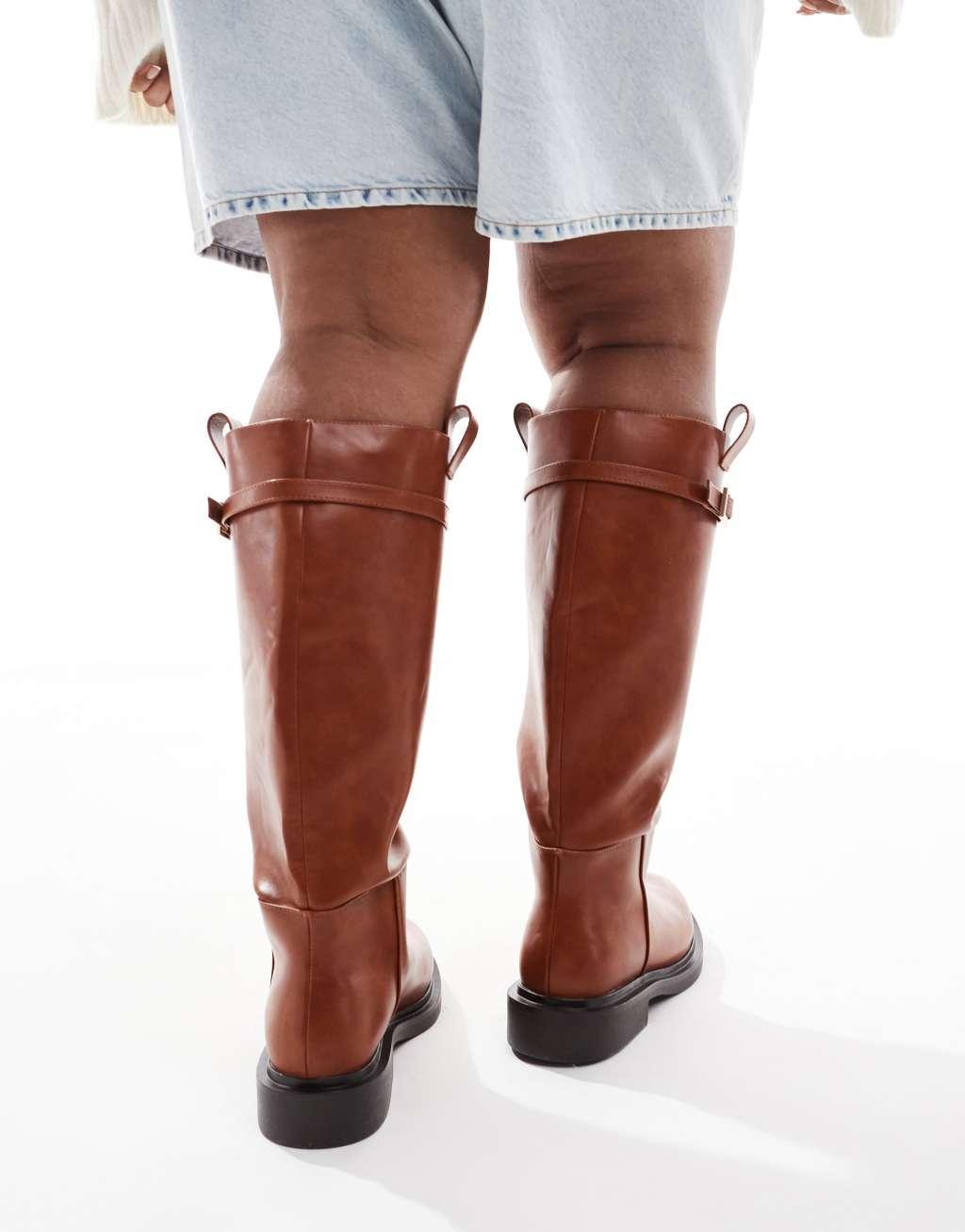 ASOS DESIGN Curve Callie smart flat riding knee boots in tan Product Image