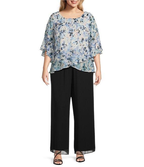 Alex Evenings Plus Size Chiffon Scoop Neck 3/4 Bell Sleeve Tulip Hem Blouse Product Image