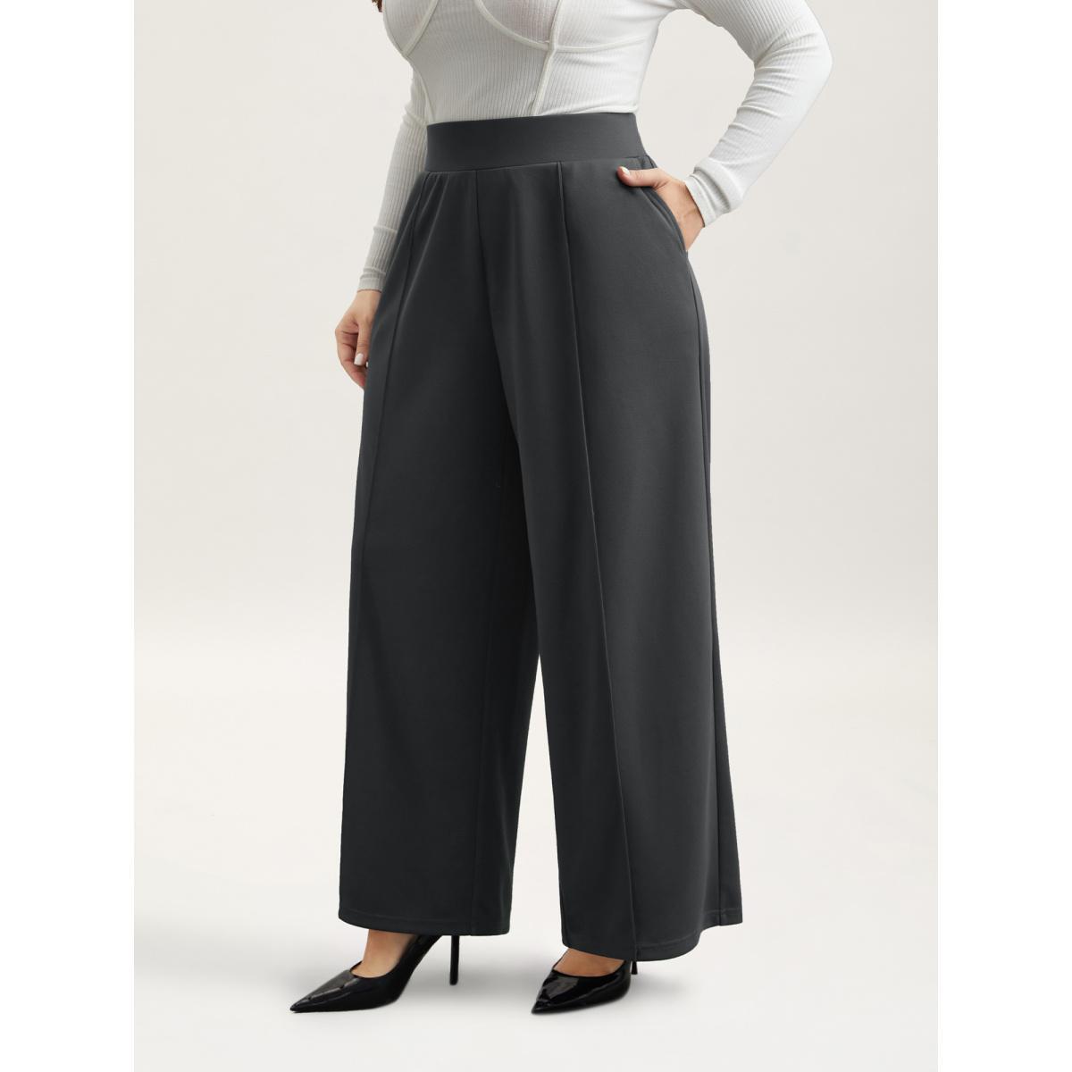 Plus Size Ruched Tummy-Control Seamed Wide Leg Pants Women DimGray At the Office Wide Leg Mid Rise Work Pants BloomChic 14-16/1X Product Image