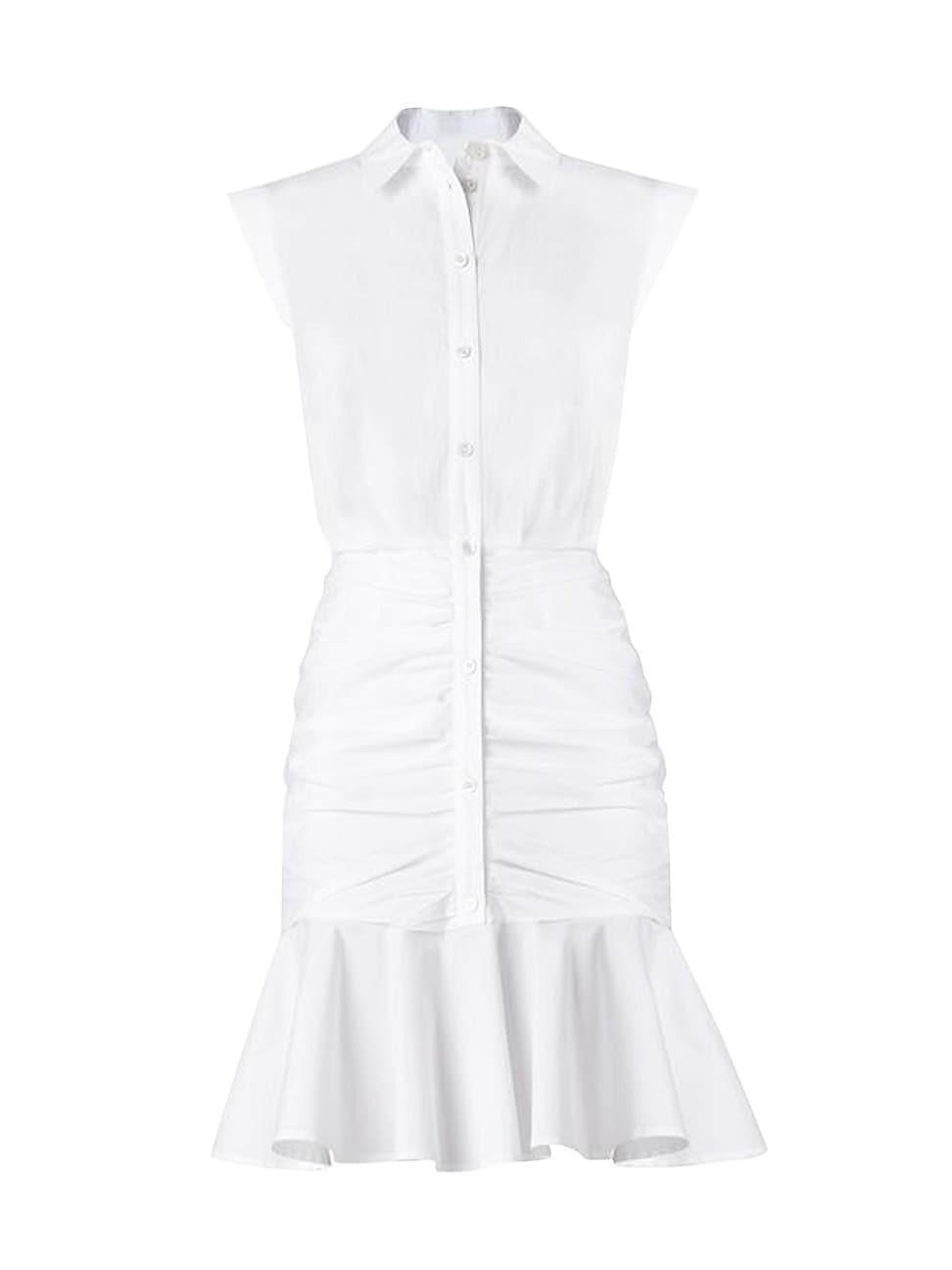 Bell Sleeveless Ruched Stretch Poplin Dress, White Product Image