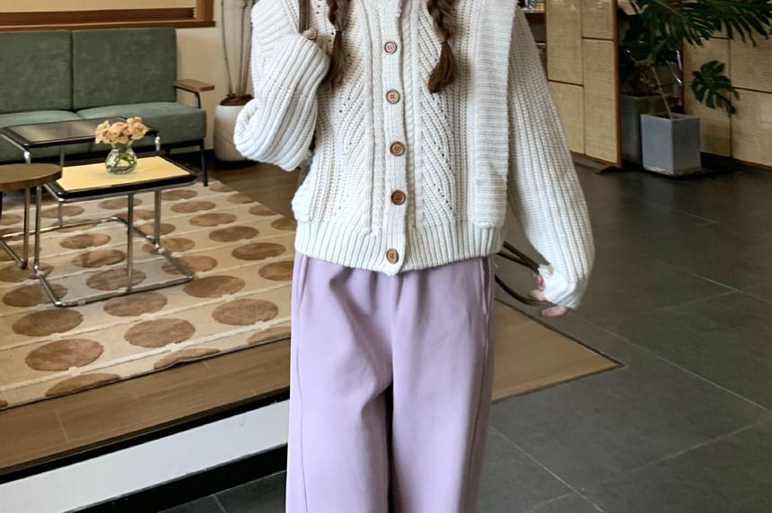 Round Neck Plain Cardigan / Mid Rise Wide Leg Pants Product Image