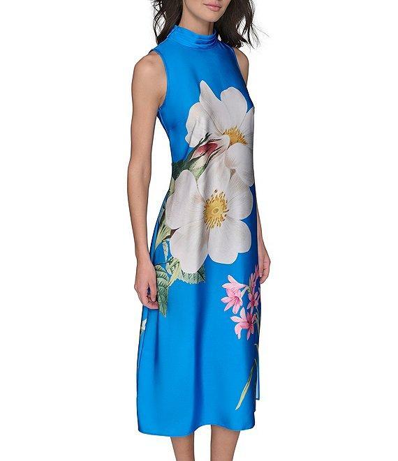 KARL LAGERFELD PARIS Satin Placement Floral Print Mock Neck Sleeveless Shift Midi Dress Product Image