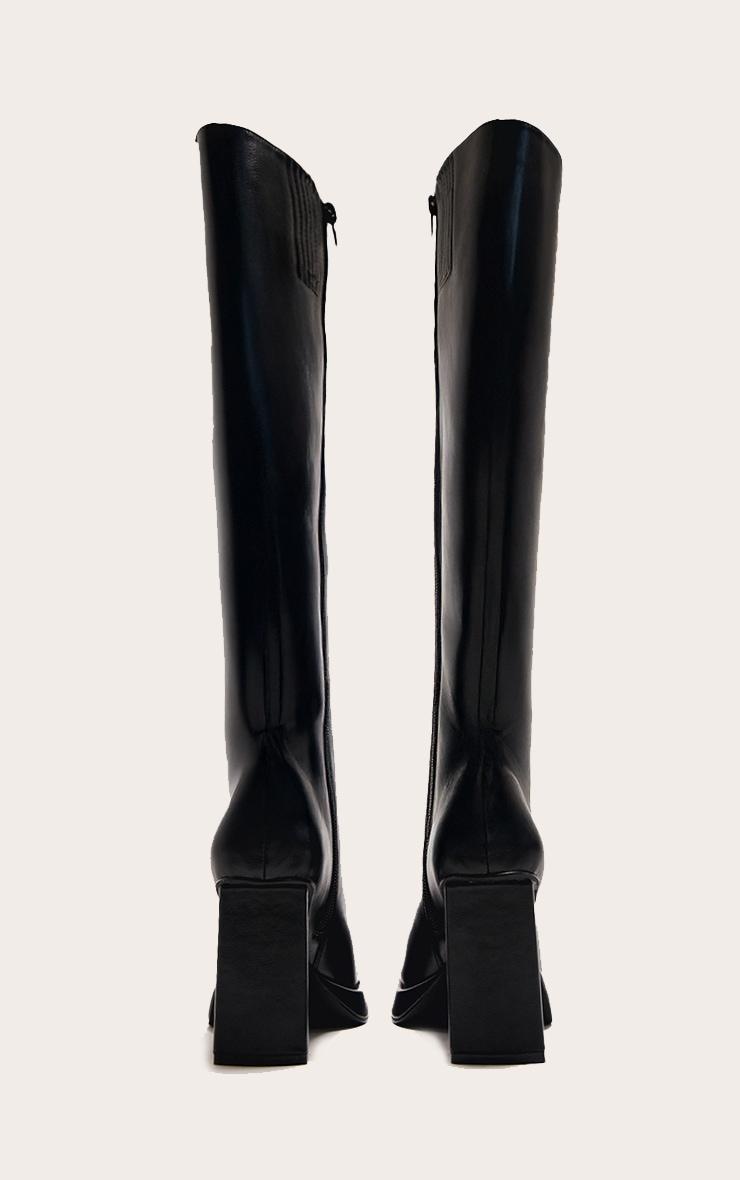 Black PU Square Toe Slight Platform Knee High Heeled Boots Product Image