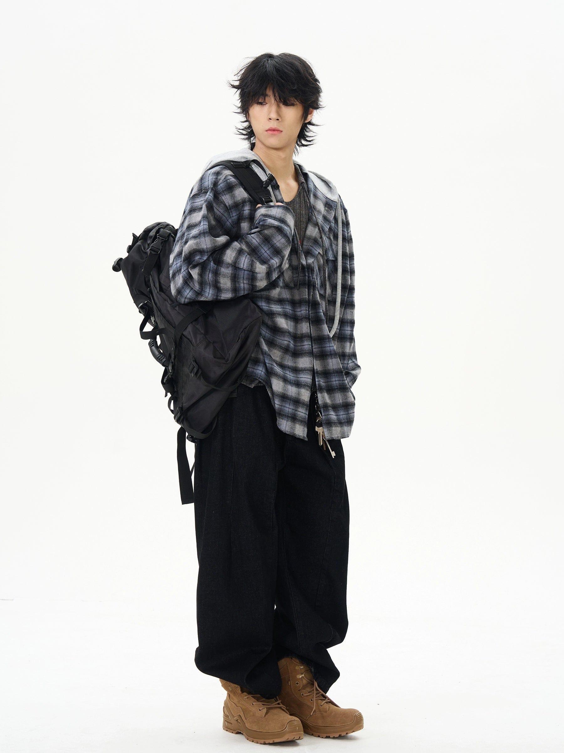 RT No. 12210 HOODED PLAID BUTTON-UP SHIRT Product Image
