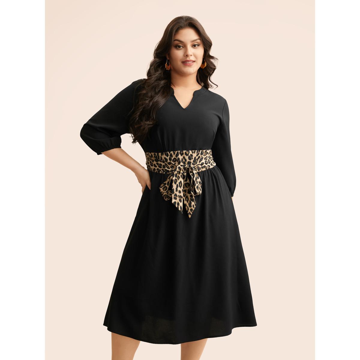 Plus Size Notched Collar Leopard Print Patchwork Dress Black Women Elegant Tie knot Notched collar Elbow-length sleeve Curvy BloomChic 12/L Product Image