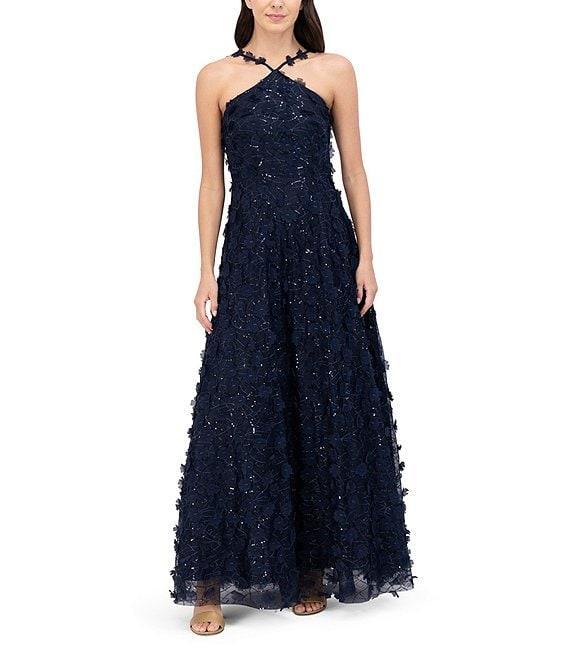 Eliza J Sequin and 3D Flower Halter Neck Sleeveless Ball Gown Product Image
