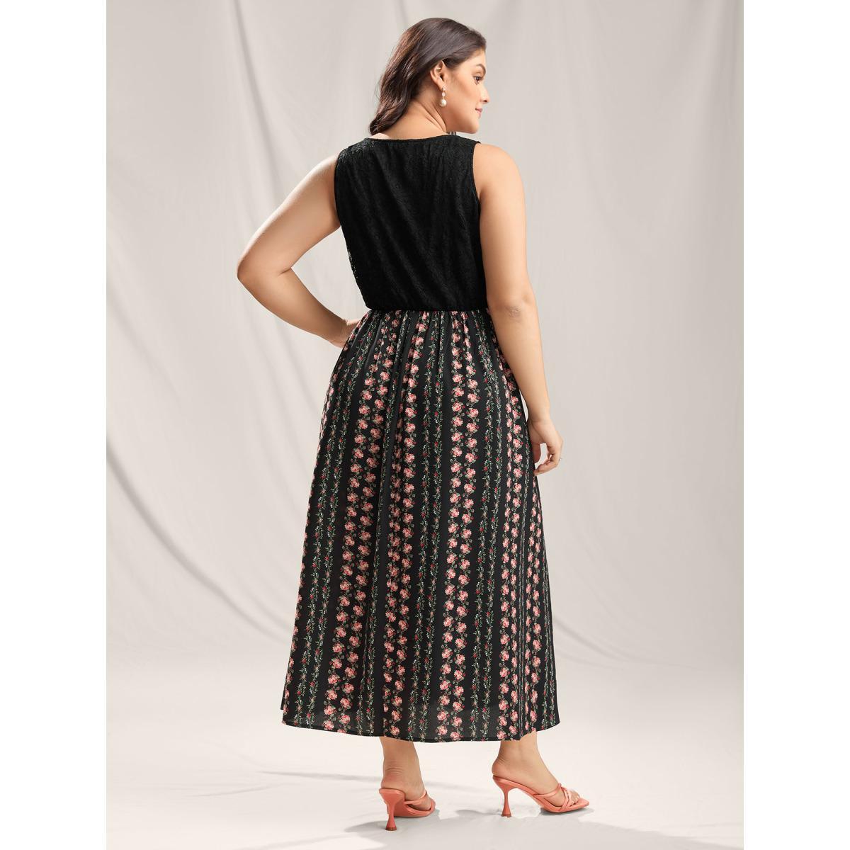 Plus Size Floral Stripes Lace Trim Maxi Dress Black Women Overlap Collar Sleeveless Curvy BloomChic 18-20/2X Product Image