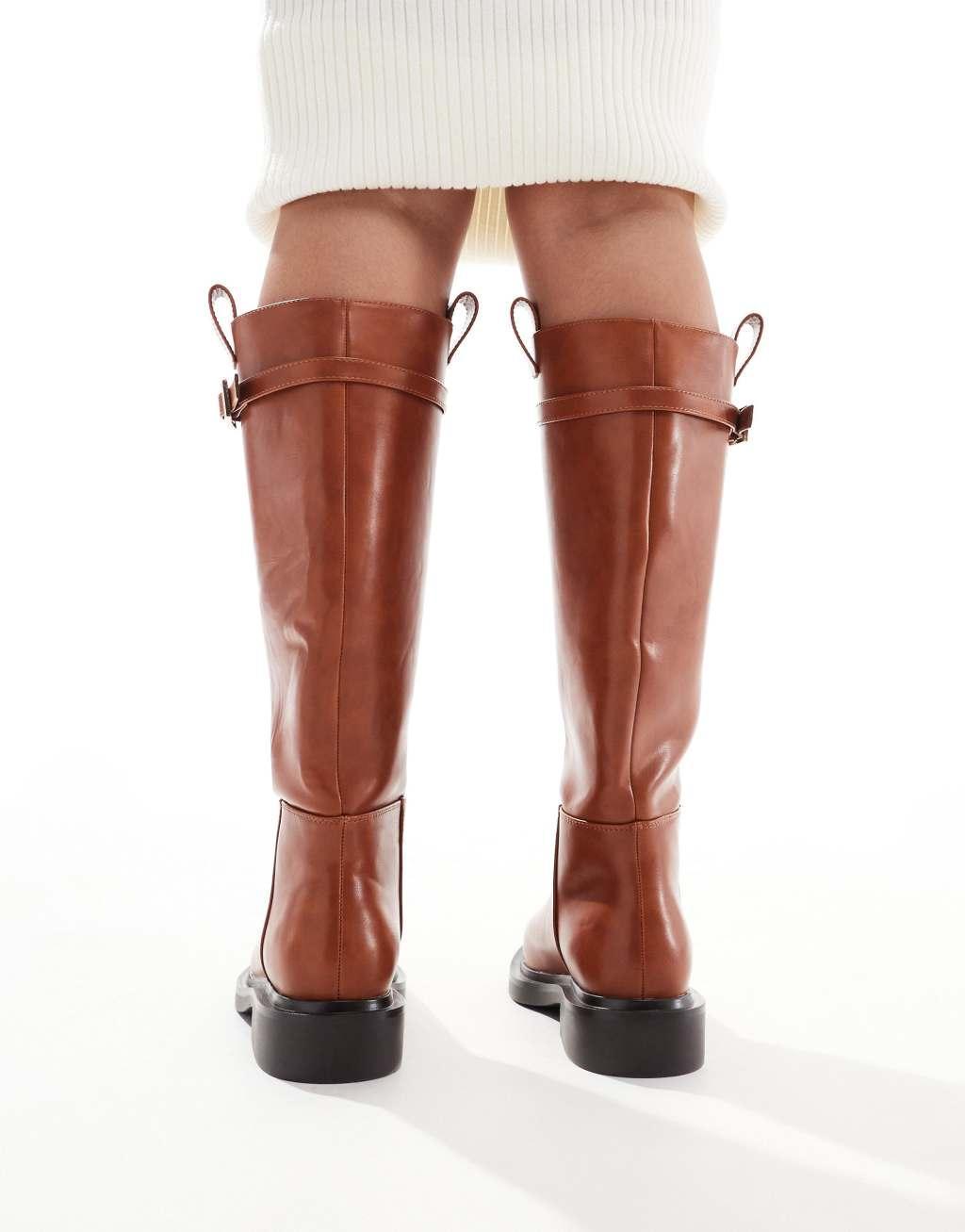 ASOS DESIGN Wide Fit Callie smart flat riding knee boots in tan Product Image