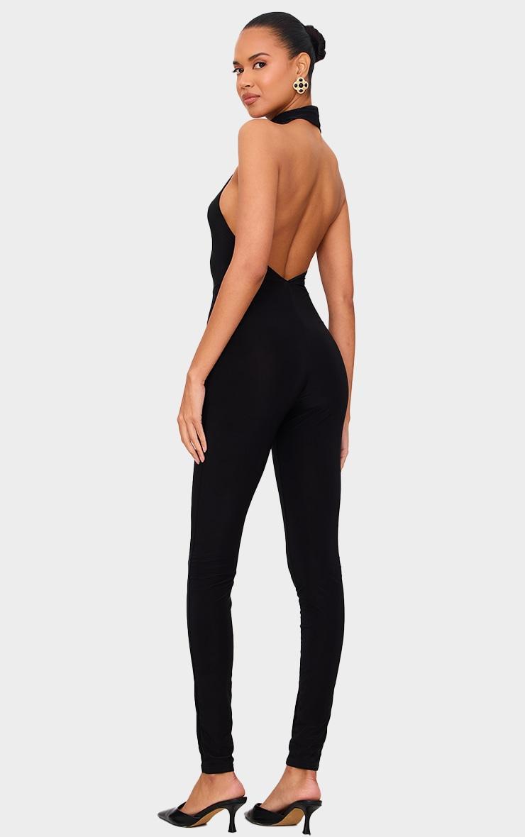 Black Double Layer Slinky One Shoulder Jumpsuit Product Image