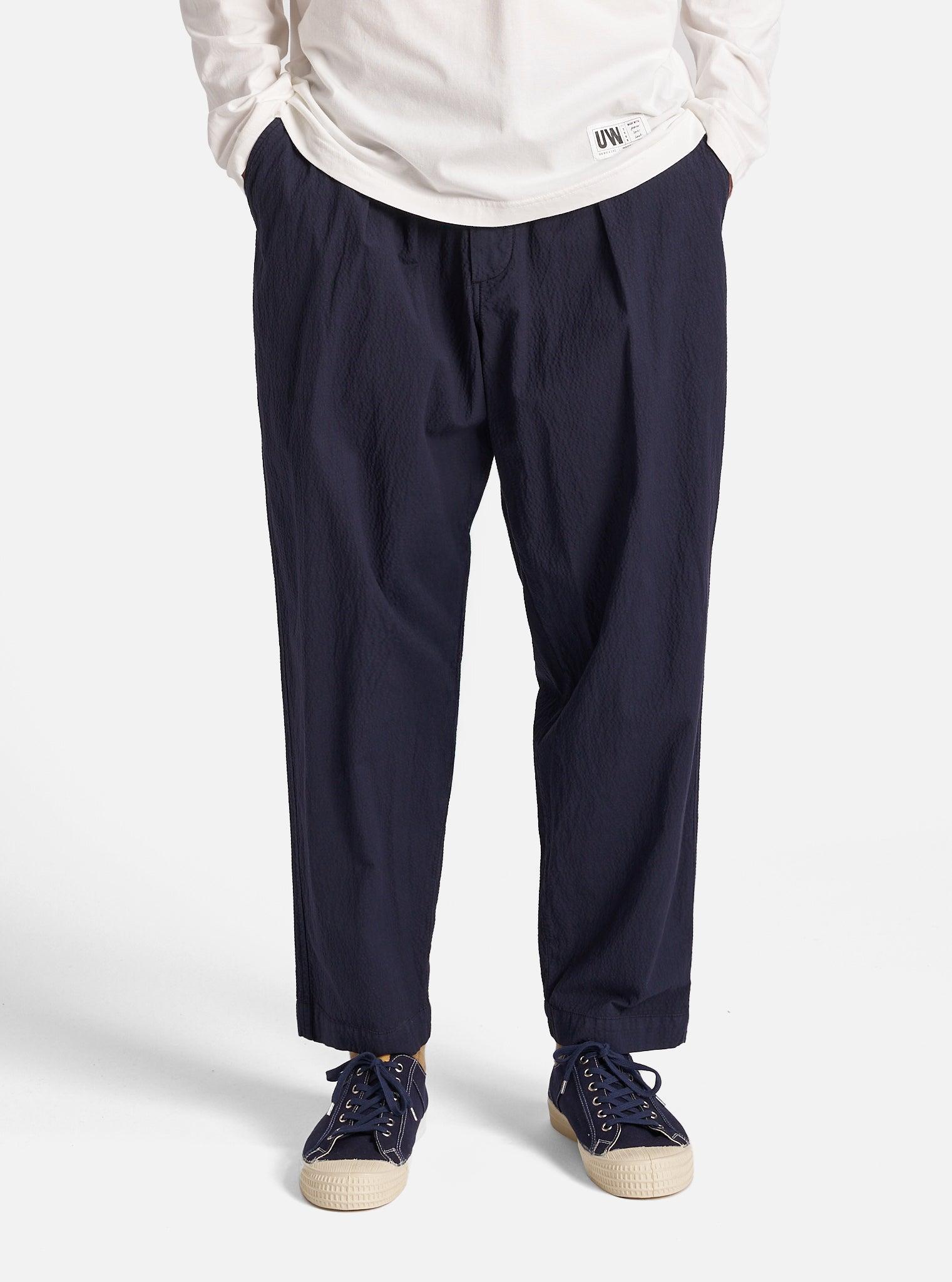 Universal Works Pleated Track Pant in Navy Seersucker II Product Image