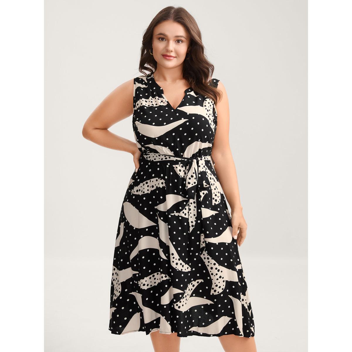 Plus Size Geometric Print Pleated Midi Dress BlackFlower Women Flat collar Sleeveless Curvy BloomChic 18-20/2X Product Image