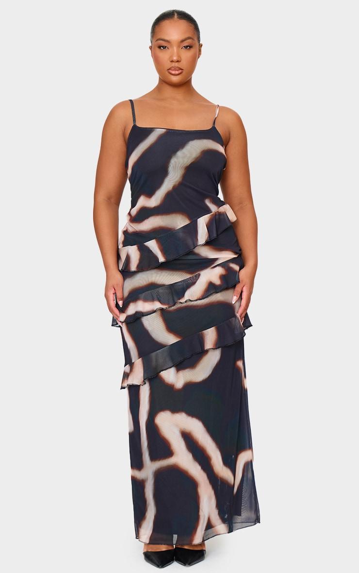 Plus Monochrome Printed Mesh Ruffle Maxi Dress Product Image