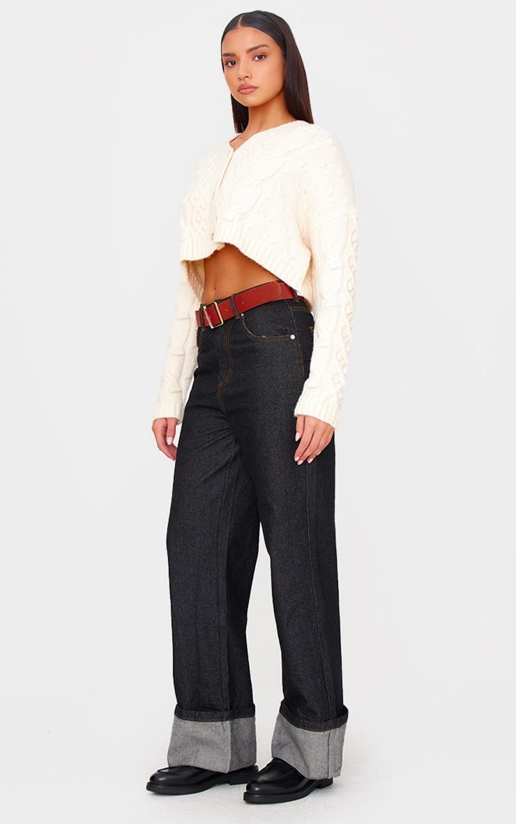 Cream Textured Cable Knit Cropped Cardigan Product Image