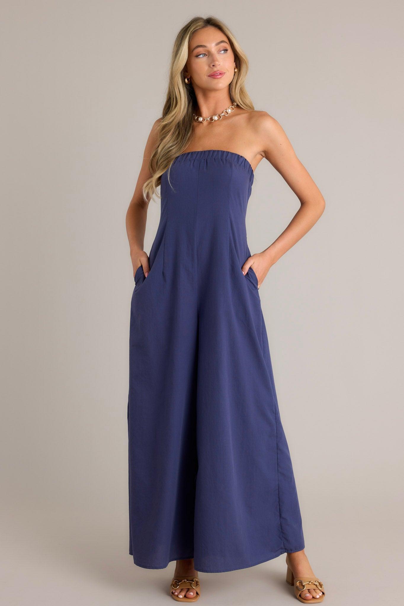 Behind The Smile Navy Strapless Jumpsuit Product Image