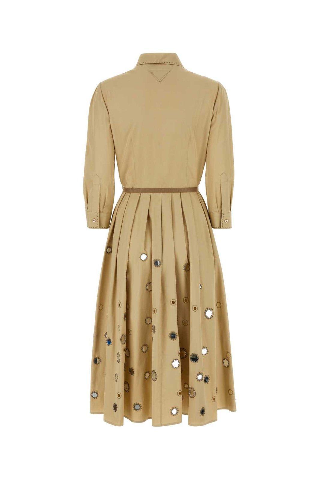 Long-sleeved Belted Dress In Beige Product Image