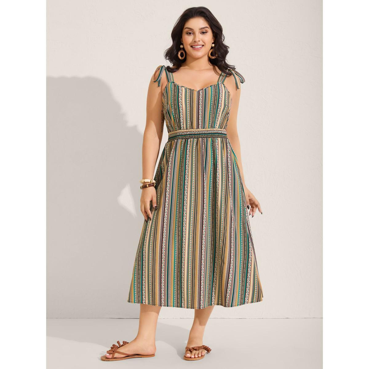 Plus Size Boho Stripe Knotted Straps Midi Dress Multicolor Women Non Sleeveless Curvy BloomChic 22-24/3X Product Image
