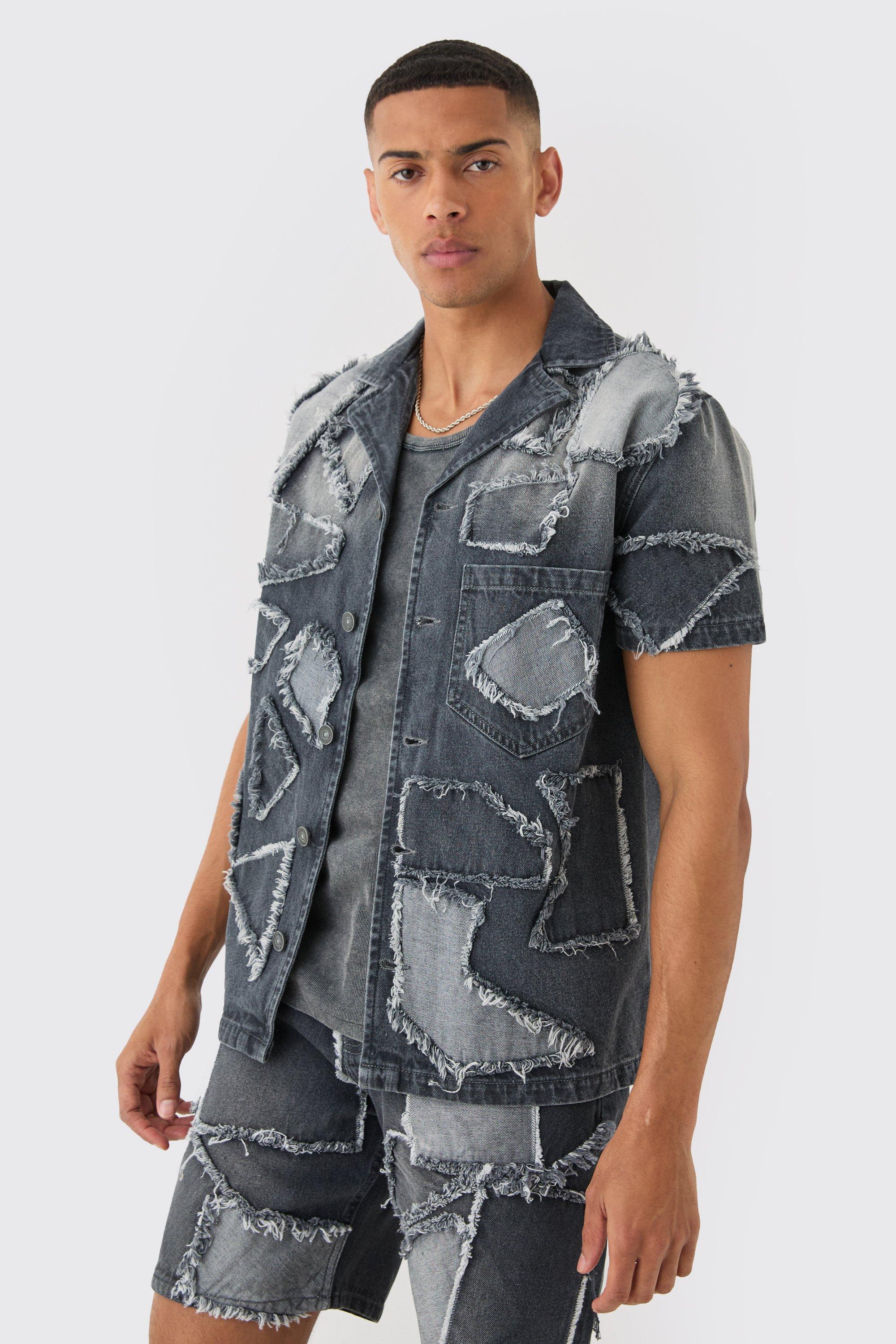 Distressed Patchwork Revere Denim Shirt In Charcoal | boohooMAN USA Product Image