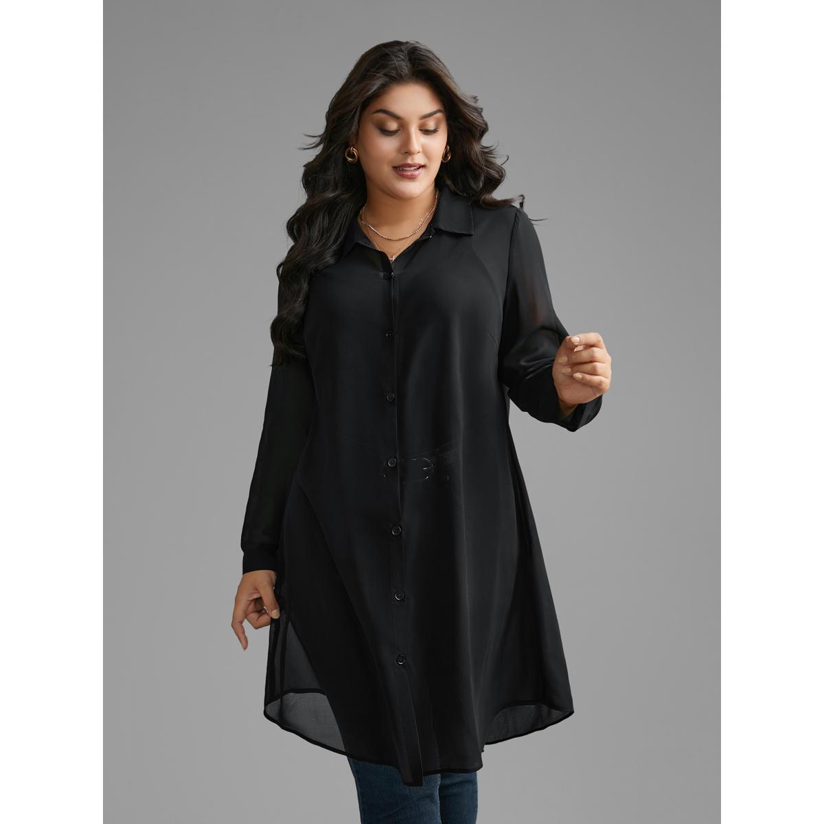 Plus Size Black Chiffon Mesh Pleated Tunic Blouse Women Elegant Long Sleeve Shirt collar Everyday Blouses BloomChic 30/6X Product Image