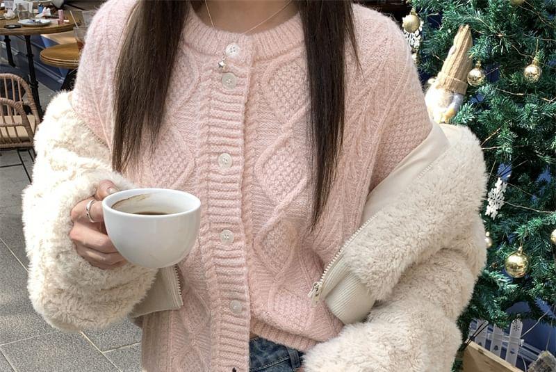 Crew Neck Plain Cable Knit Cardigan Product Image