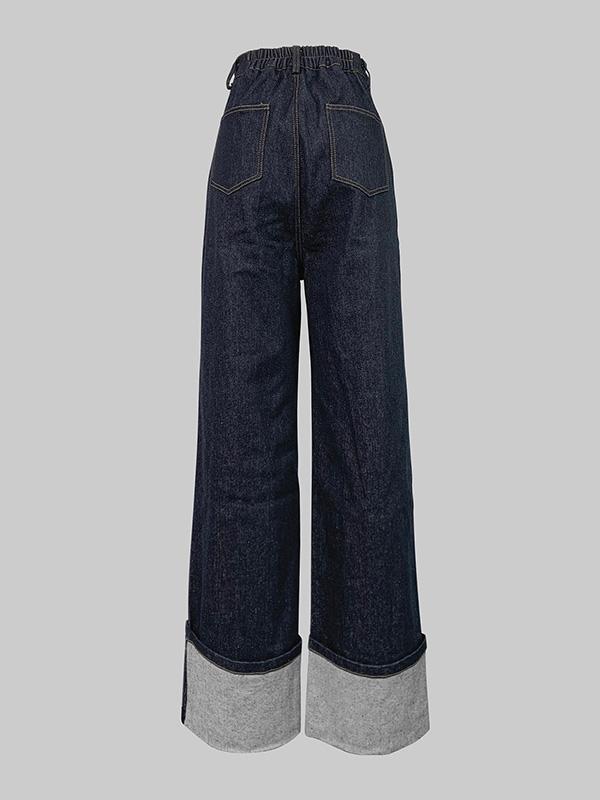 High Waisted Straight Leg Contrast Color Split-Joint Jean Pants Bottoms Product Image