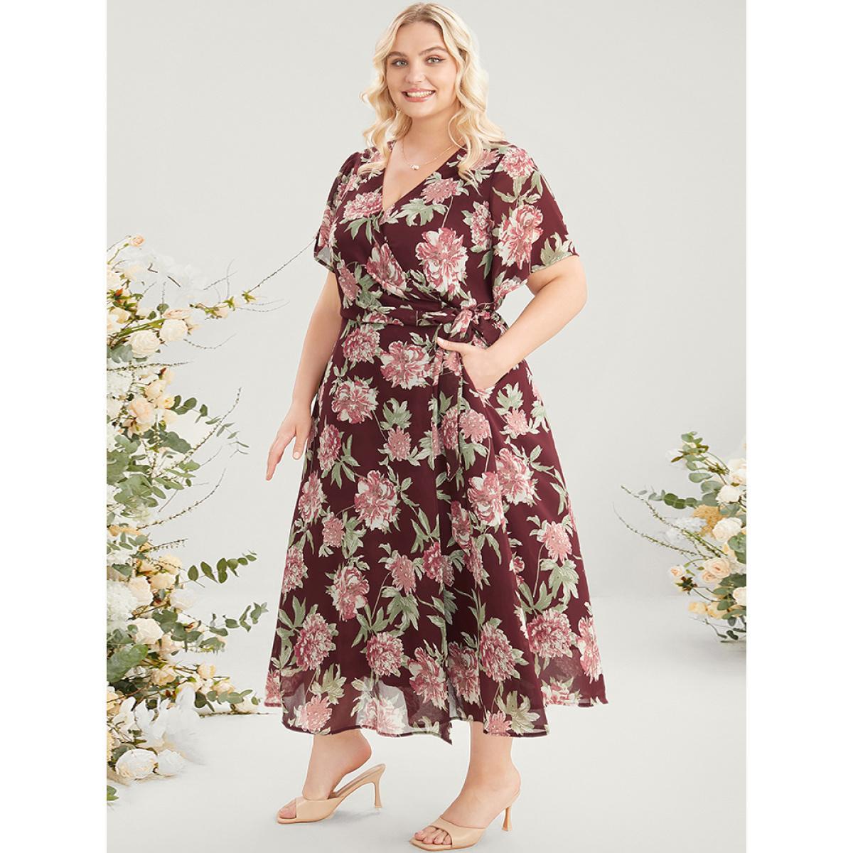 Plus Size Floral Print Belted Surplice Neck Flutter Pocket Maxi Dress Scarlet Women Elegant Wrap Overlap Collar Short sleeve Curvy Long Dress BloomChic 26/4X Product Image