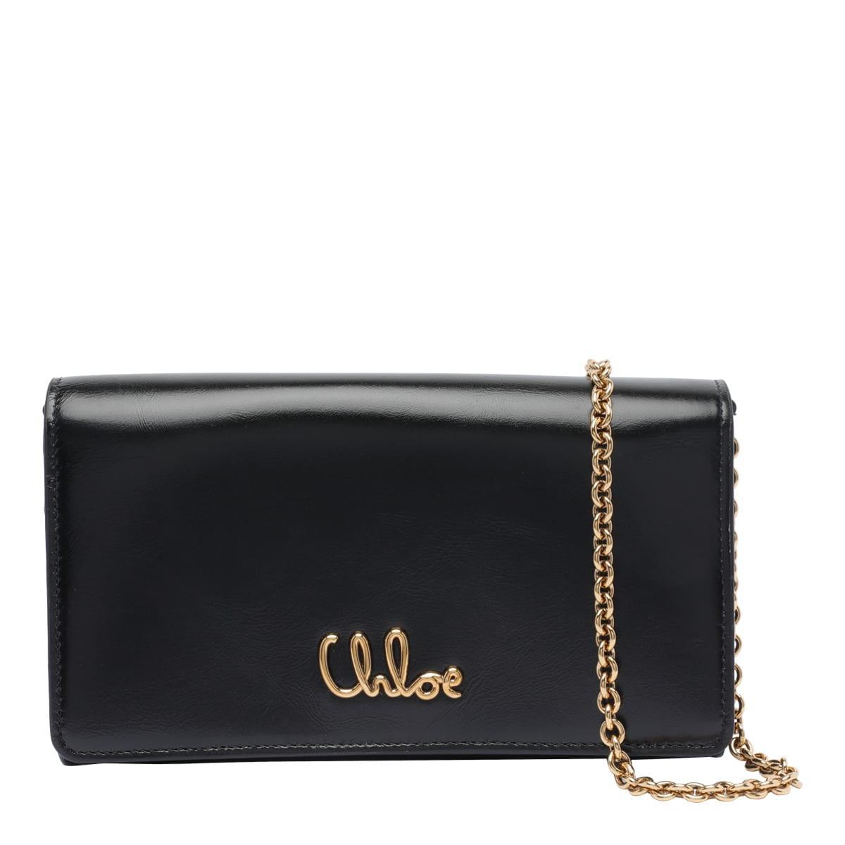 CHLOÉ Iconic Flap Wallet On Chain In Shiny Calfskin In Black Product Image