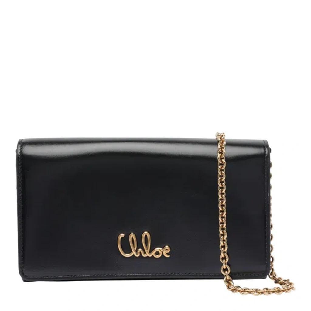 CHLOÉ Iconic Flap Wallet On Chain In Shiny Calfskin In Black Product Image