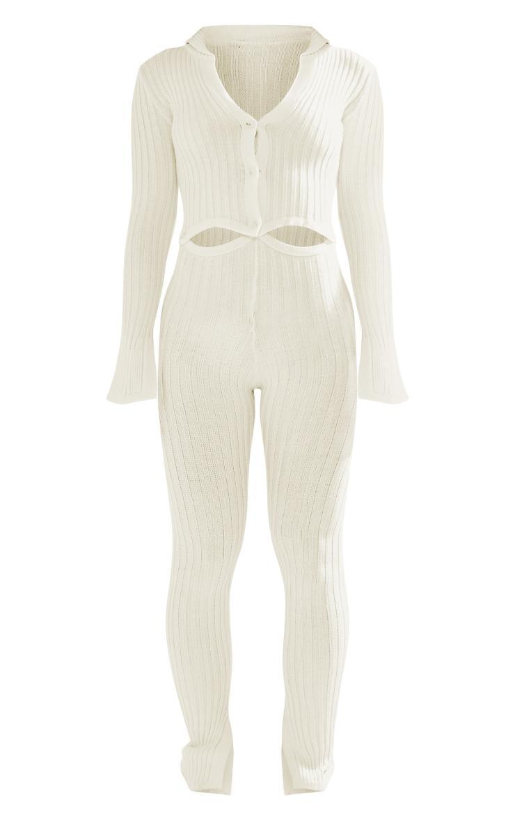 Petite Cream Knitted Button Detail Flared Jumpsuit Product Image