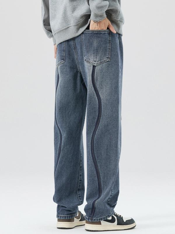 Men's Vintage Top-stitching Drawstring Loose Jeans Product Image