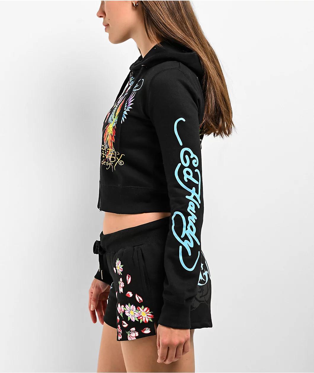 Ed Hardy Phoenix Y2K Black Crop Zip Hoodie Product Image