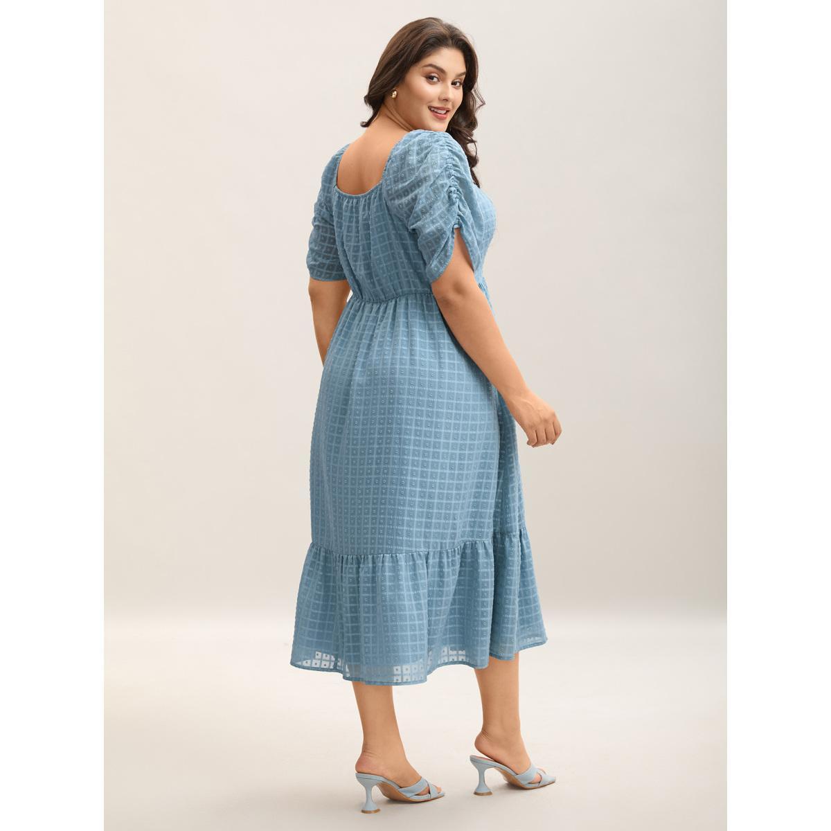 Plus Size Textured Ruched Sleeve Tiered Midi Dress Stone Women Square Neck Short sleeve Curvy BloomChic 10/M Product Image