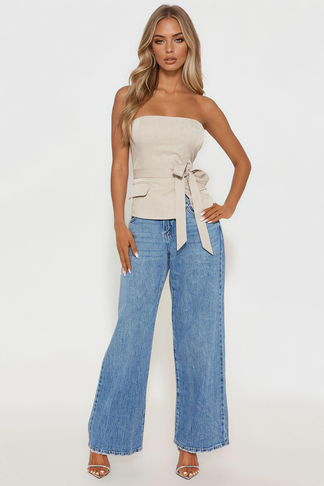 Work Behavior Tie Front Tube Top - Taupe Female Product Image