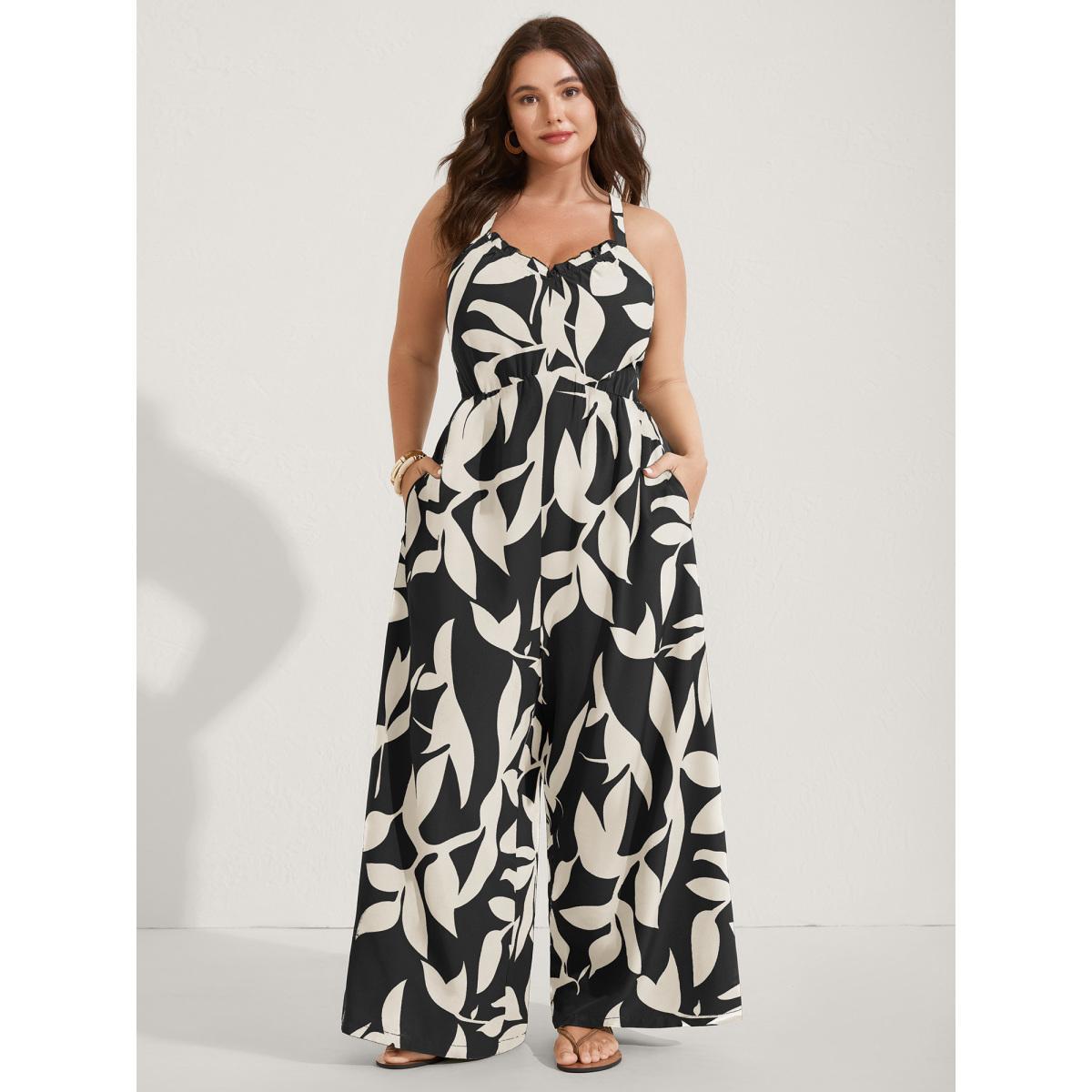 Plus Size Black Silhouette Floral Print Sweetheart Jumpsuit Women Resort Sleeveless V-neck Vacation Loose Jumpsuits BloomChic 18-20/2X Product Image