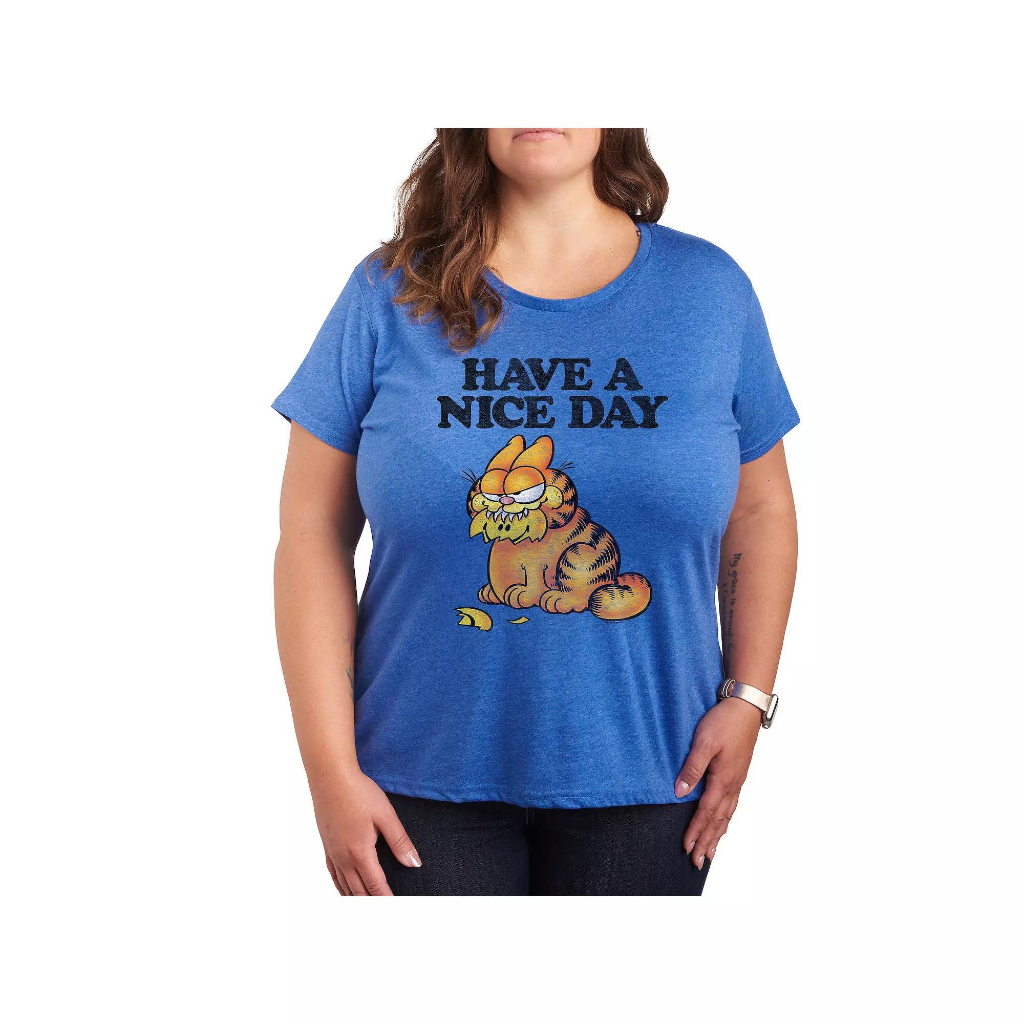 Plus Garfield Have A Nice Day Retro Graphic Tee, Women's, Size: 1XL, Grey Royal Blue Product Image