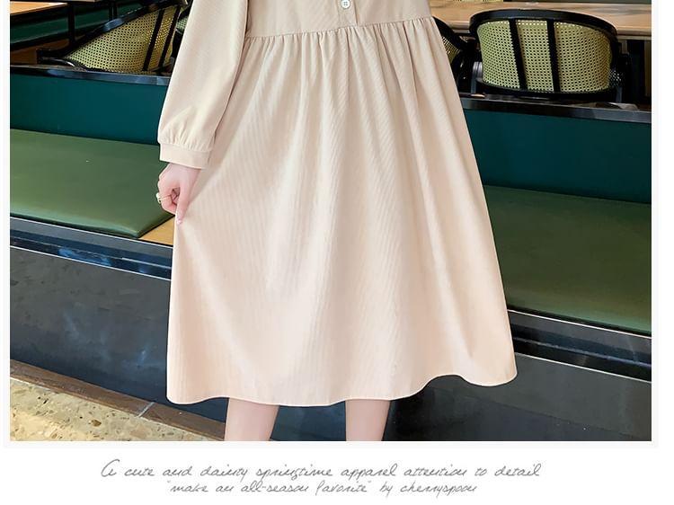 Maternity Long-Sleeve Collar Bow Embroidered Midi Smock Dress Product Image