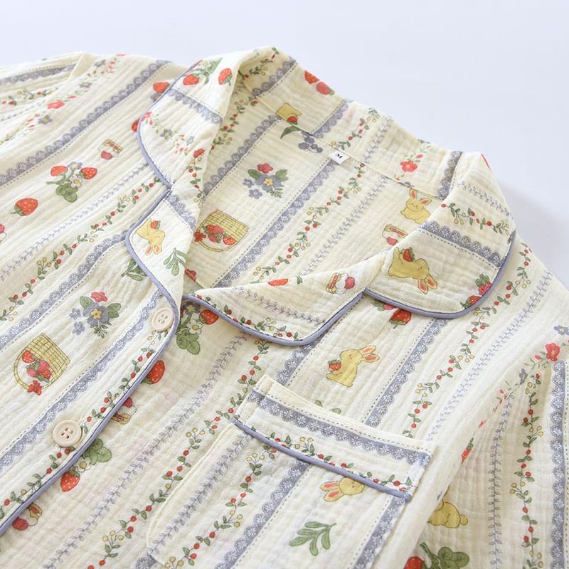 Pajama Set: Short-Sleeve Lapel Collar Floral Button Top + Lounge Shorts Product Image