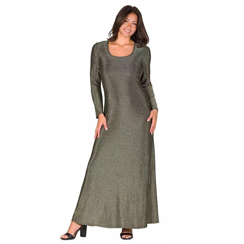 Women's 24Seven Comfort Apparel Long Sleeve Scoopneck Shimmer Maxi Dress,  Product Image