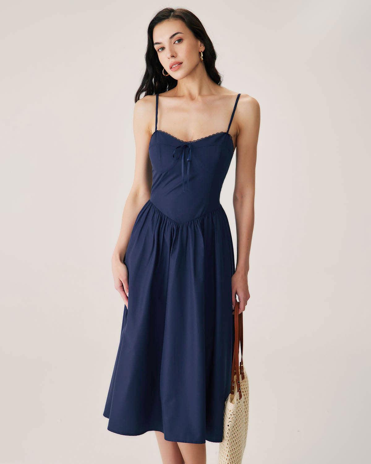 Navy Shirred Slip Midi Dress Product Image
