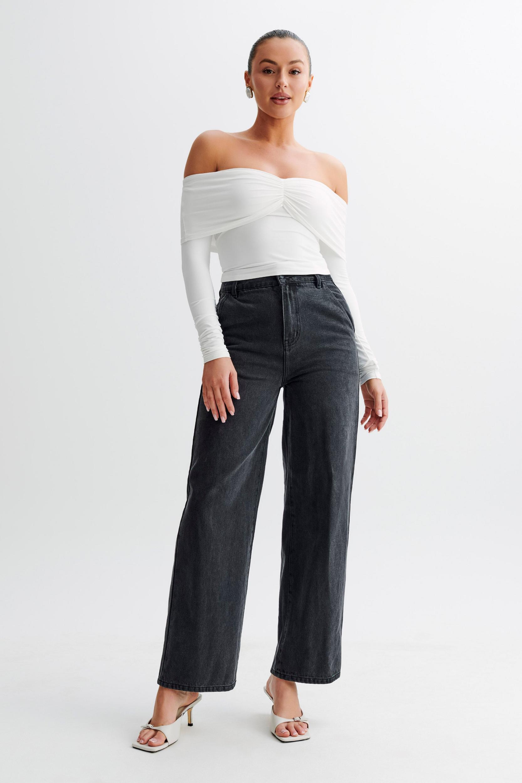 Prue Ruched Off Shoulder Long Sleeve Top - White Product Image