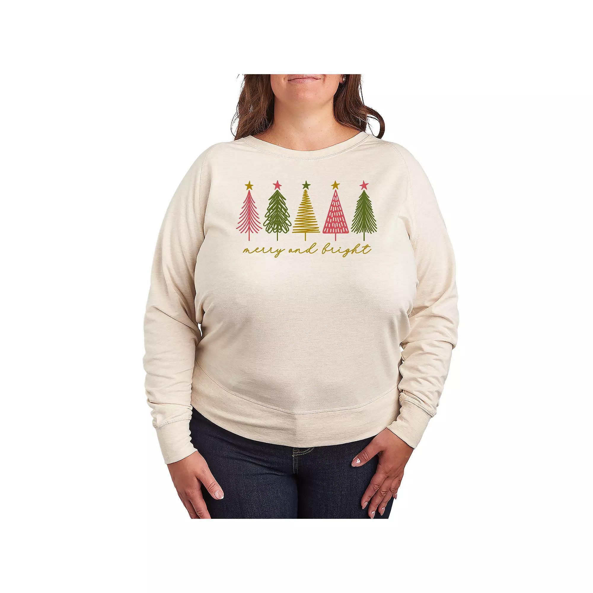 Plus Size Merry & Bright Christmas French Terry Long Sleeve Tee, Women's, Size: 4XL, Beige Product Image