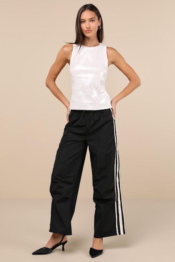 Sporty Sweetie Black Nylon Drawstring Wide-Leg Athletic Pants Product Image