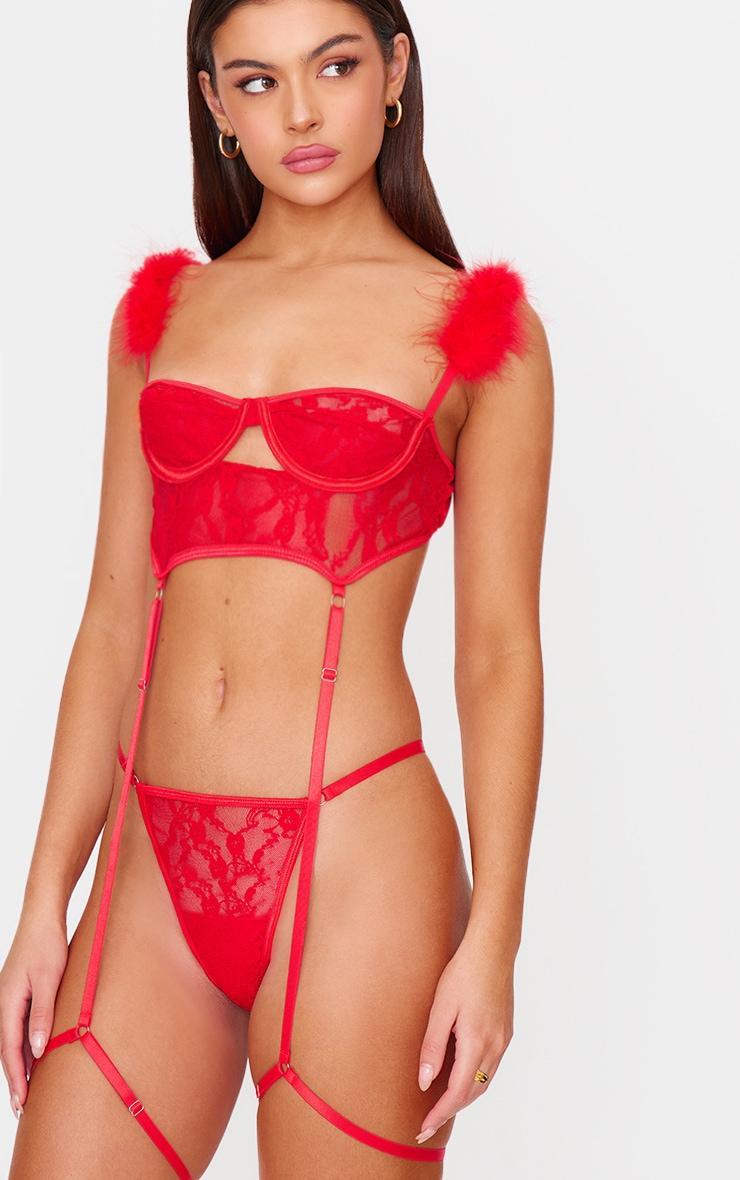 Red Lace Feather Trim Balconette Lingerie Set Product Image