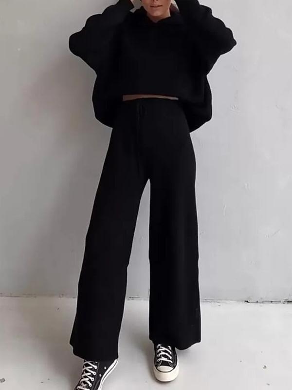 Loose Solid Color Round-Neck Hooded Long Sleeves Sweater Top + Drawstring Pants Bottom Two Pieces Set Product Image