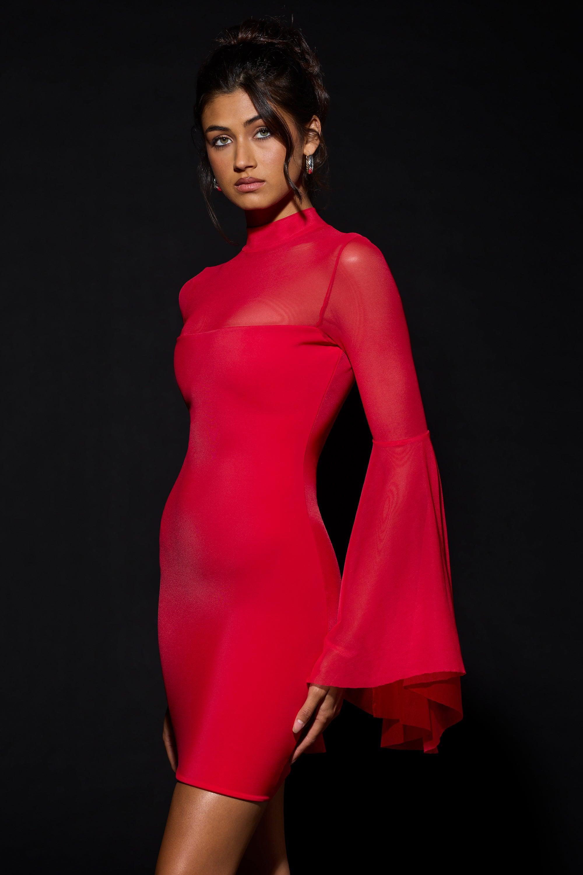 Waterfall-Sleeve Mini Dress in Fire Red Product Image