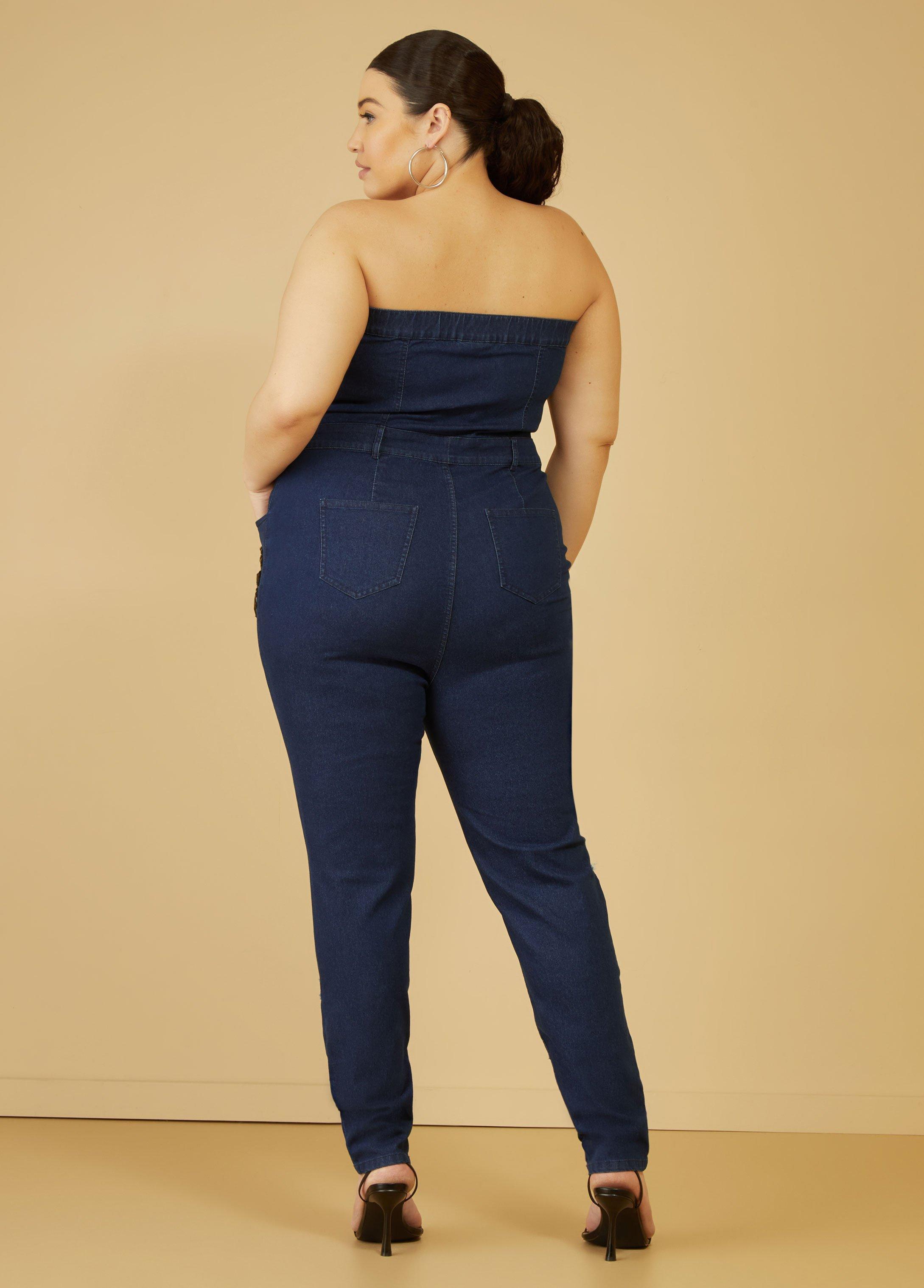 Plus Size Embellished Denim Jumpsuit Ashley Stewart Product Image