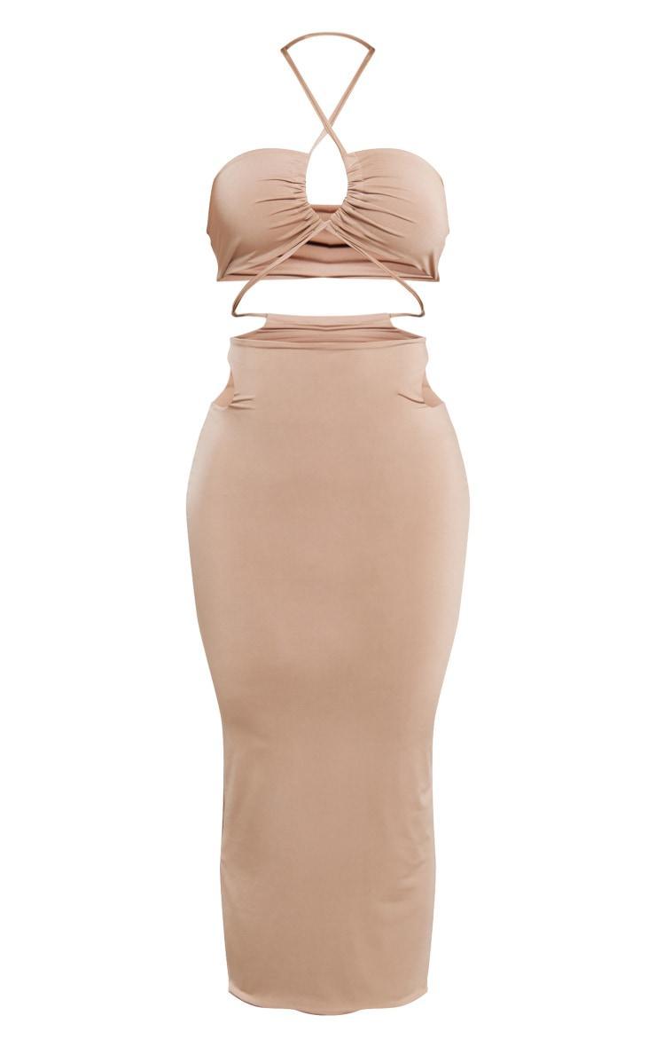 Taupe Slinky Multi Cut Out Cross Neck Midaxi Dress Product Image