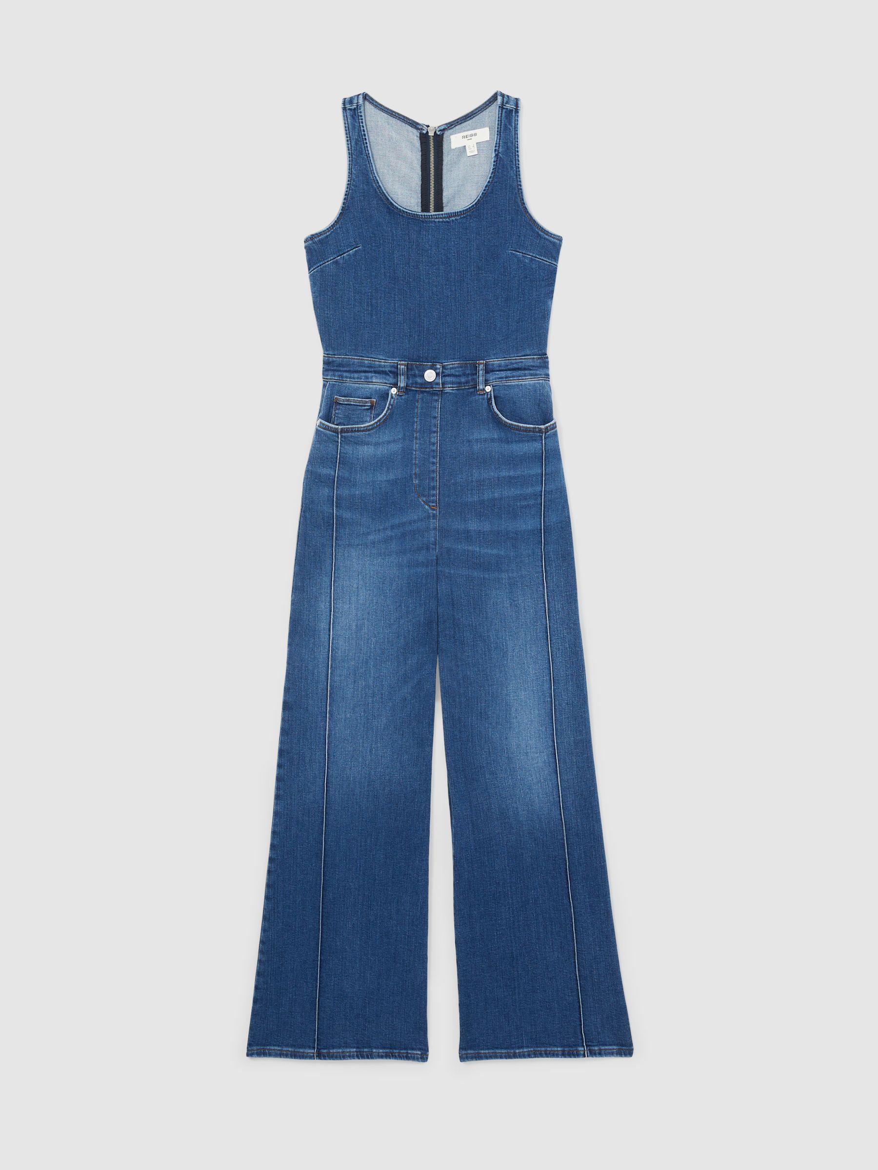Wide-Leg Racer-Back Denim Jumpsuit in Indigo Product Image