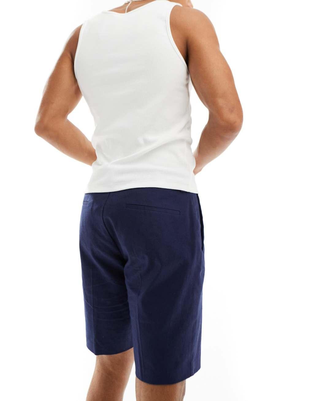 ASOS DESIGN smart slim fit linen blend shorts in navy Product Image