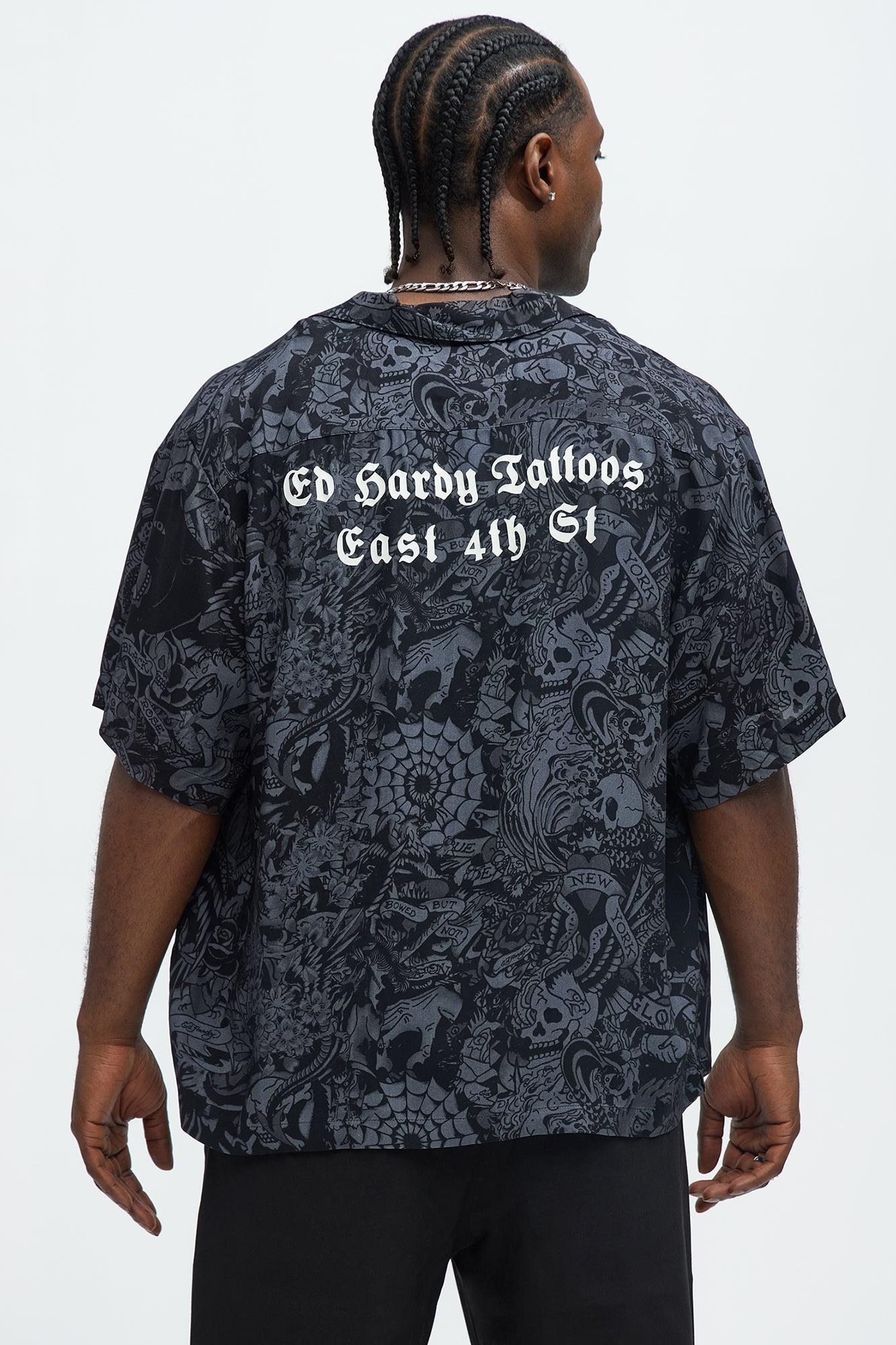 Ed Hardy Regular Fit Cobra Flame Button Up Shirt - Black Product Image