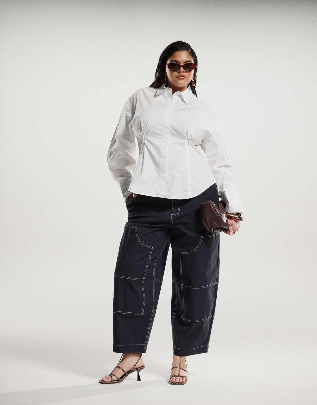 ASOS DESIGN Curve barrel leg pants in navy with contrast stitch Product Image